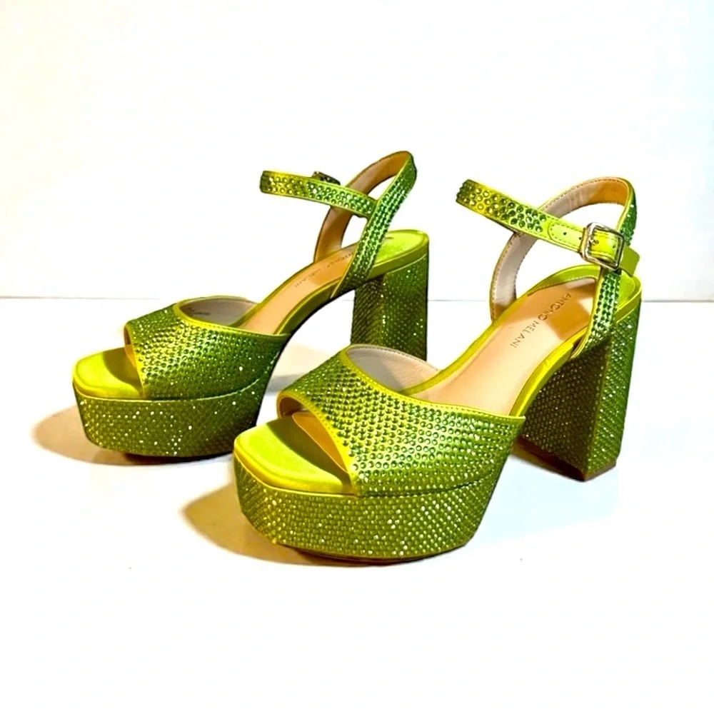 ANTONIO MELANI Lime Green Satan Babs Rhinestone Platform Sandals NWOB